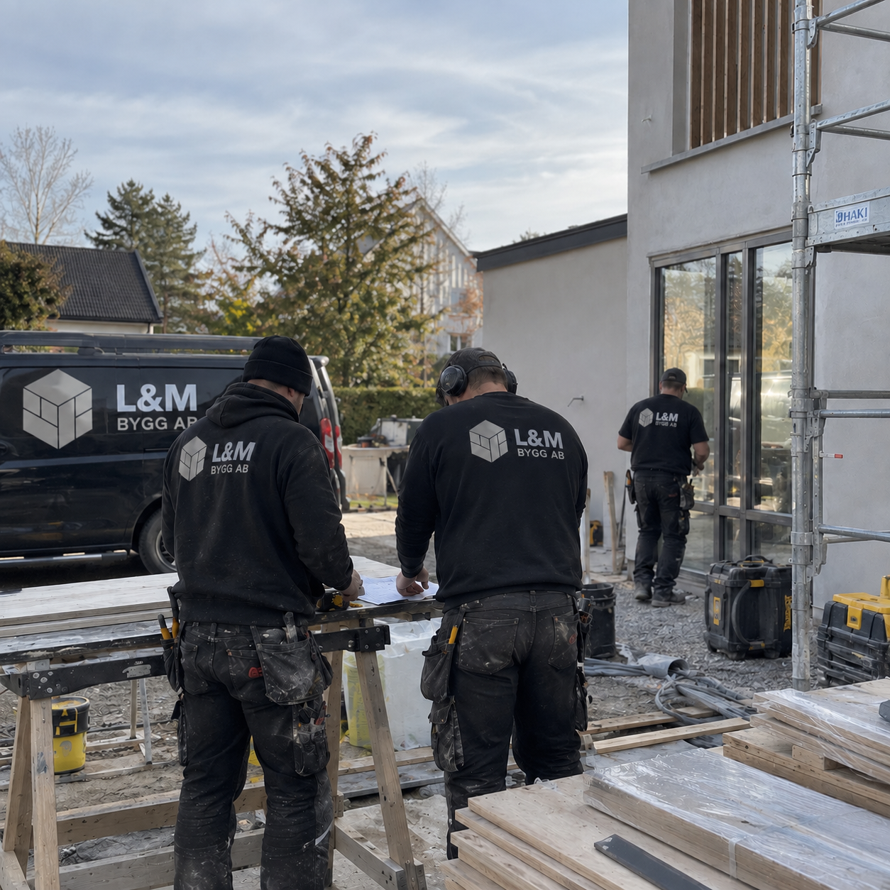 L&M Bygg AB:s team på arbetsplats